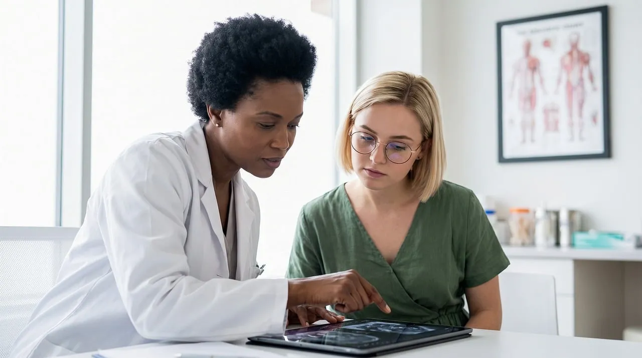 Doctora mostrando resultados a una paciente en una tableta