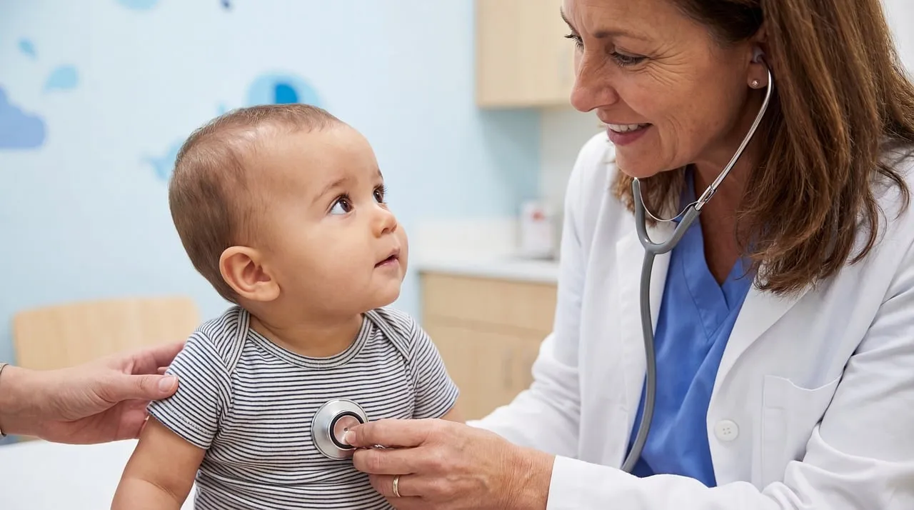 Pediatra revisando a un bebé en el consultorio